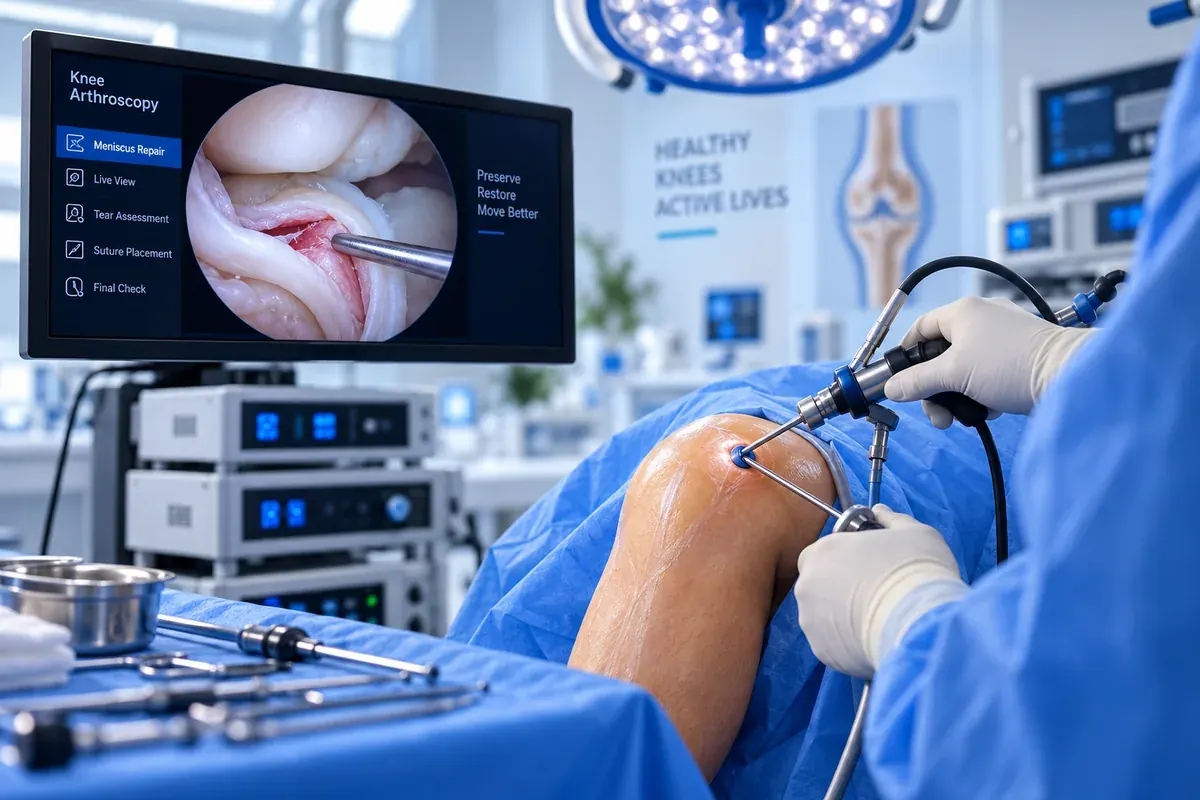 Live arthroscopic view of meniscus repair with suture placement, displayed on the surgical monitor