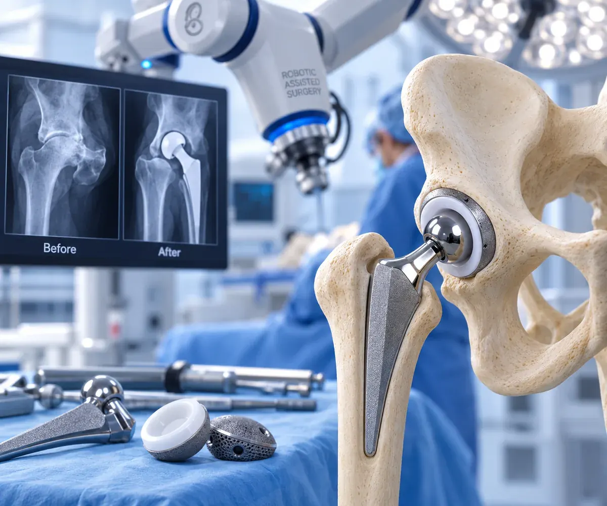 Hip implant components positioned in the socket and femur, with a before-and-after X-ray comparison in the background