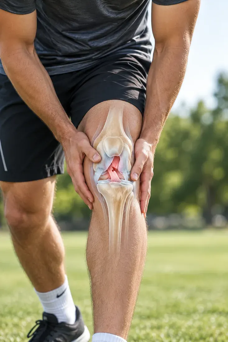 Athlete holding a painful knee, with an anatomical overlay highlighting a torn ACL
