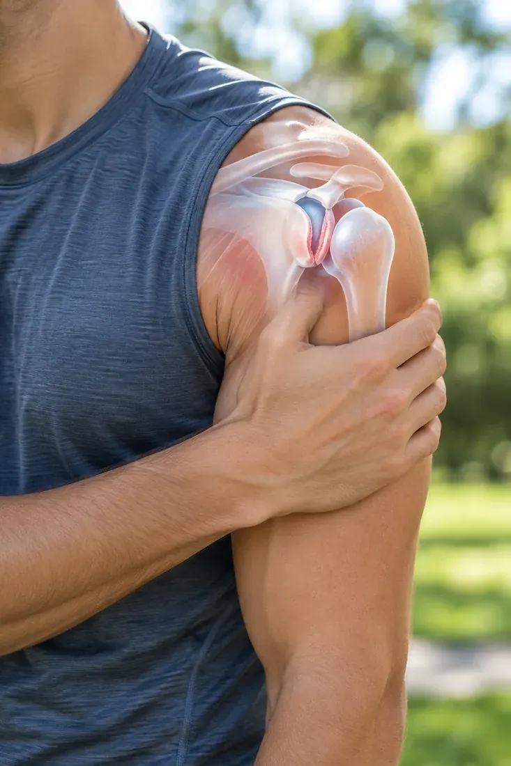 Person holding their shoulder, with an anatomical overlay highlighting a torn labrum in the socket