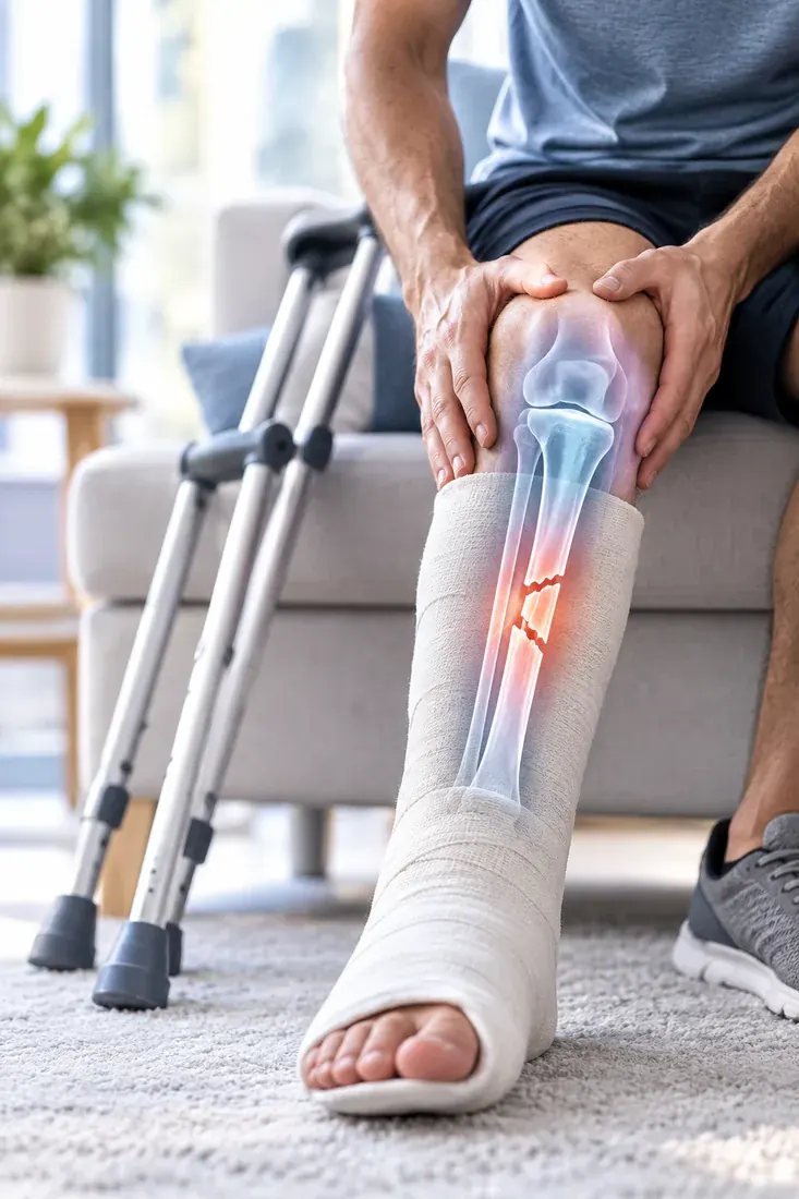 Person with a leg cast and crutches, with an X-ray overlay highlighting a fracture