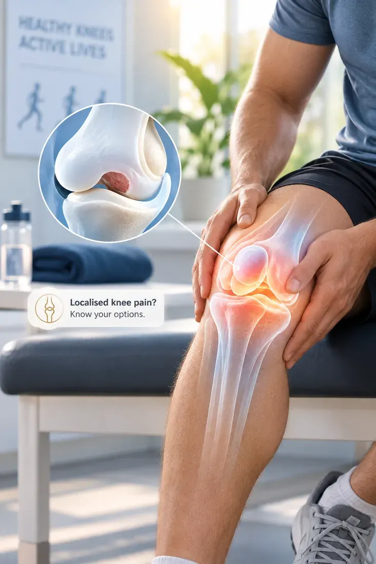 Person holding a painful knee, with a cartilage defect X-ray overlay highlighting the joint