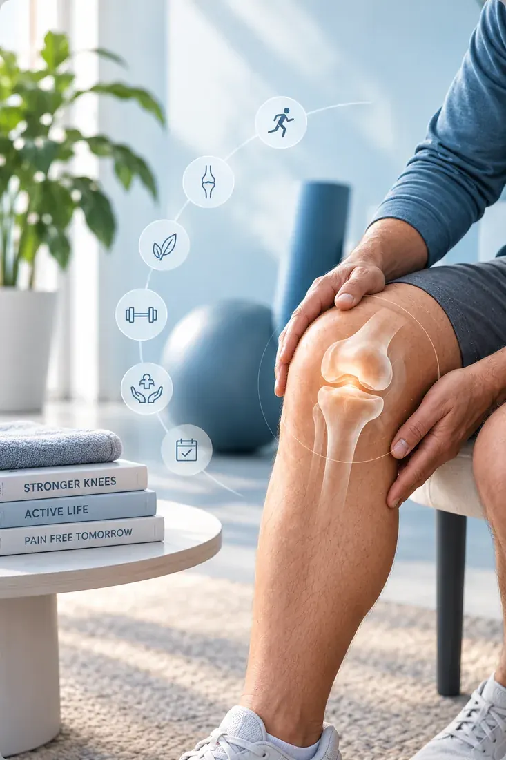 Person holding their knee outdoors, with a knee X-ray overlay