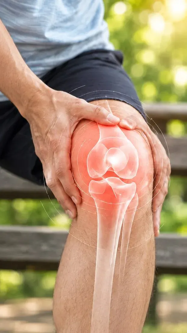 Person holding a painful knee, with an X-ray overlay highlighting the joint