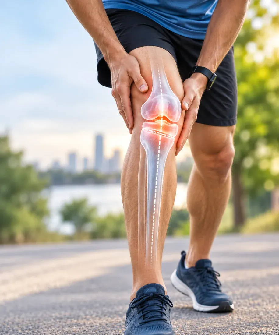 Person holding a painful knee, with an X-ray overlay highlighting the joint
